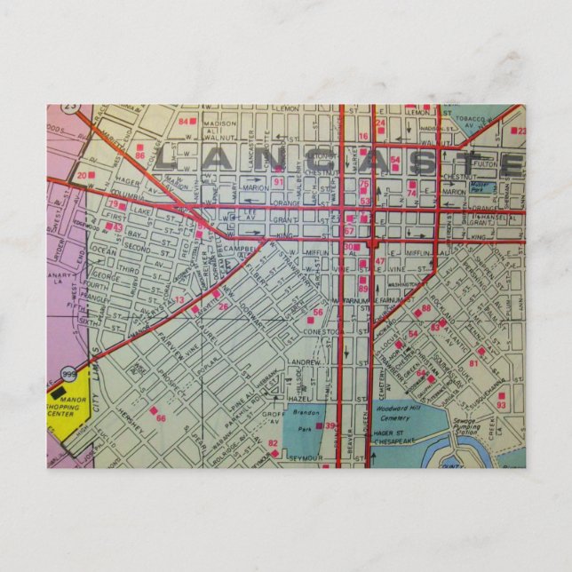 Cartão Postal Lancaster, PA Vintage Map (Frente)