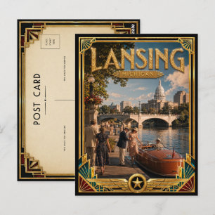 Cartão Postal Lansing Michigan Arte Deco Vintage Idade Dourada