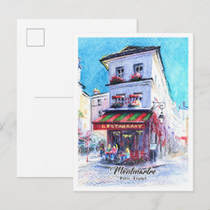 Cartão Postal Lápis coloridos àquarela restaurante em montmartre