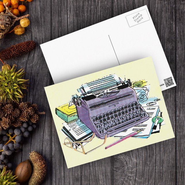 Cartão Postal Lápis de Papel de Máquina de Digitalização de Ferr (Vintage purple manual typewriter paper books for writers on yellow postcard.)