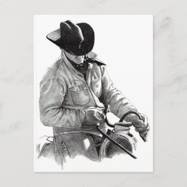 Cartão Postal Lápis Desenho de Cowboy em Saddle, Arte Ocidental (Frente)