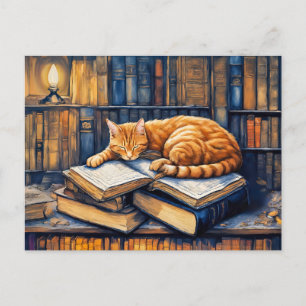Cartão Postal Laranja-Aquarela Gato Dormindo em Livros