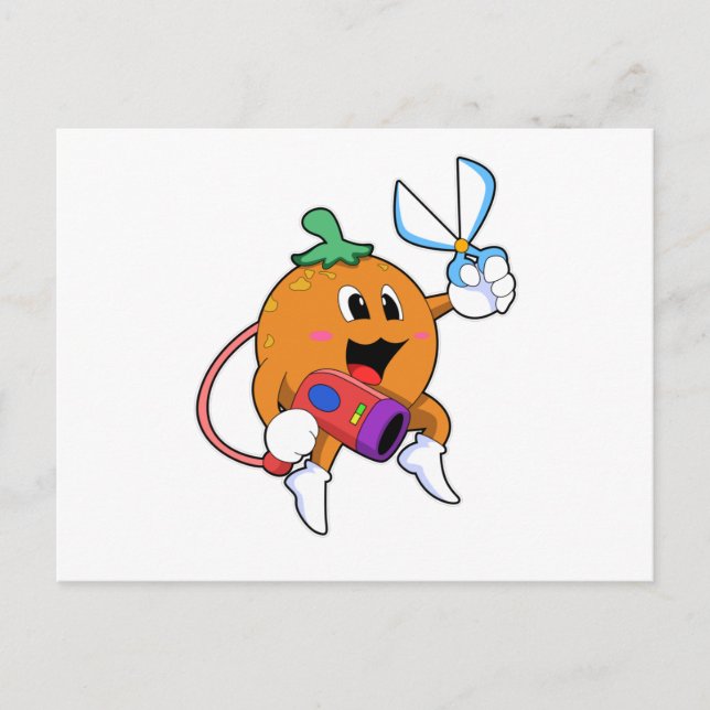 Cartão Postal Laranja como Cabeleireiro com Tesoura & Secador (Frente)
