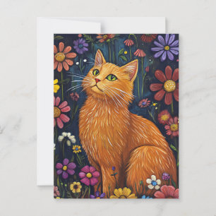 Cartão Postal Laranja Gato Em Meio A Blossomas Coloridos