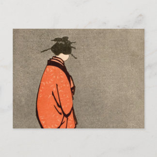 Cartão Postal Laranja japonesa da mulher do quimono do vintage