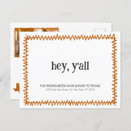 Cartão Postal Laranja Queimada Ei Y'all - Mudou para o Texas