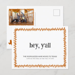 Cartão Postal Laranja Queimada Ei Y'all - Mudou para o Texas