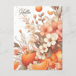 Cartão Postal Laranjas cítricas doces e flores neutras