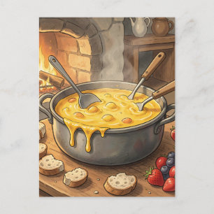 Cartão Postal Lareira de Fondue de Queijo Aconchegante