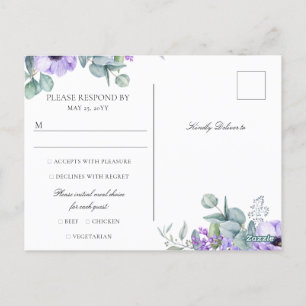 Cartão Postal Larissa Purple Floral Meal Choice Casamento RSVP