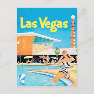 Cartão Postal Las Vegas, mulher junto à piscina, vintage, viagem
