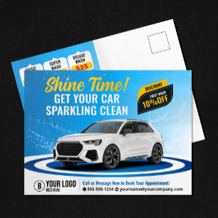 Cartão Postal Lavagem de Carro Azul Detalhamento Automotivo Limp