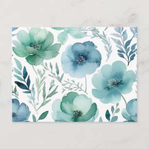 Cartão Postal Lavagens Florais Delicadas em Aquarela em Azuis Su