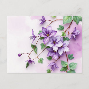 Cartão Postal Lavanda Clematis Vine Watercolor