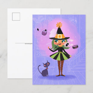 Cartão Postal Lavanda de bruxa verde e rosa do Halloween