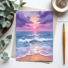 Cartão Postal Lavanda Purple Beach Sunset Watercolor
