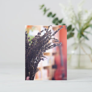 Cartão Postal Lavanda Seca, Violoncelo e Estantes de Livros ao F