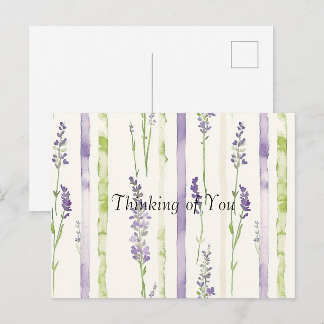 Cartão Postal Lavender Green Stripes Floral Thinking of You (Frente/Verso)