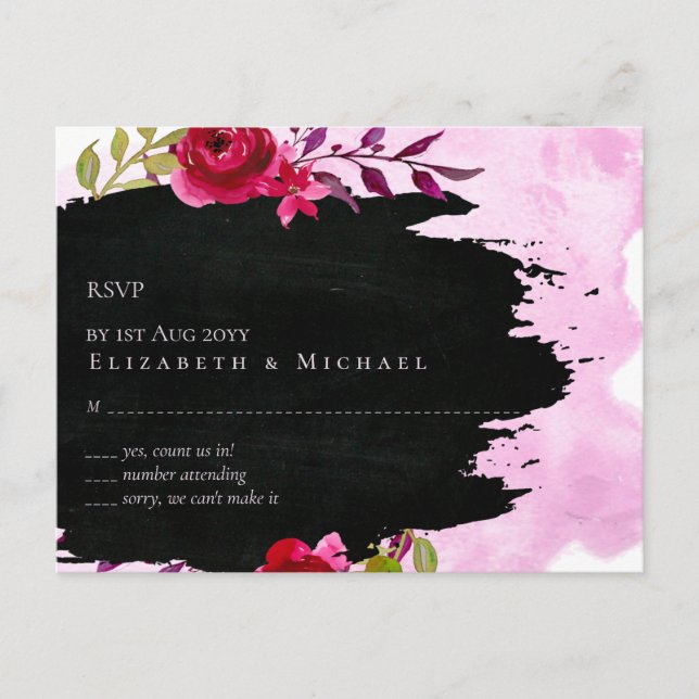 Cartão Postal Leah G Budget Pink Rose Black Modern Wedding (Frente)