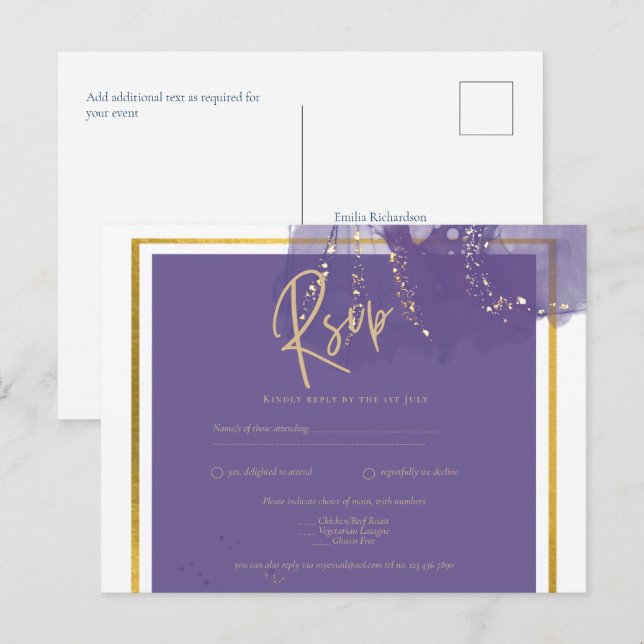 Cartão Postal Leah G PURPLE DOURADO Wedding Lavanda INK RSVP (Frente/Verso)