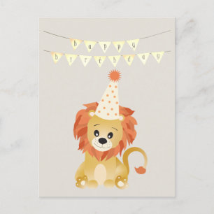Cartão Postal Leão Fofo Vestindo Chapéu de Festa Banner de Anive