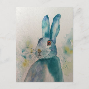Cartão Postal Lebre Coelho Aquarela Azul
