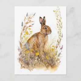 Cartão Postal Lebre de campo entre flores e gramíneas coloridas