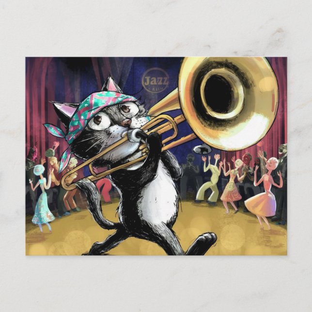 Cartão Postal Legal gato jogando jazz no saxofone (Frente)