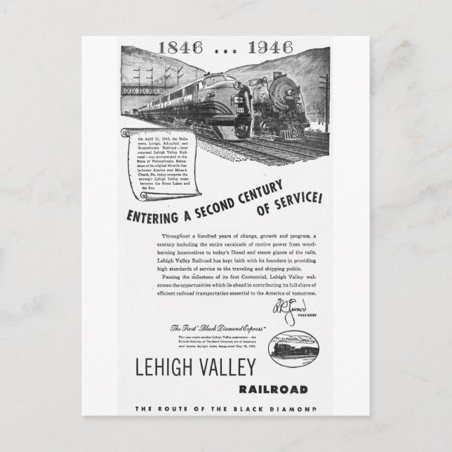 Cartão Postal Lehigh Valley Railroad-A Second Century Service (Frente)