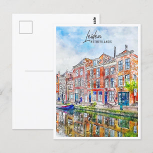 Cartão Postal Leiden Holanda Local de Viagem Aquarela