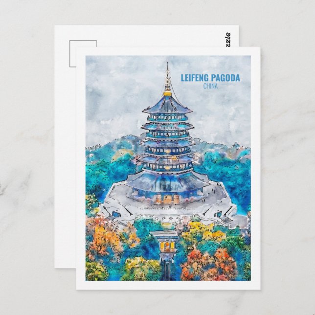 Cartão Postal Leifeng Pagoda china Viagem Watercolor Sketch (Frente/Verso)