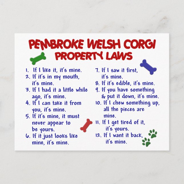Cartão Postal Leis de propriedade PEMBROKE WELSH CORGI 2 (Frente)