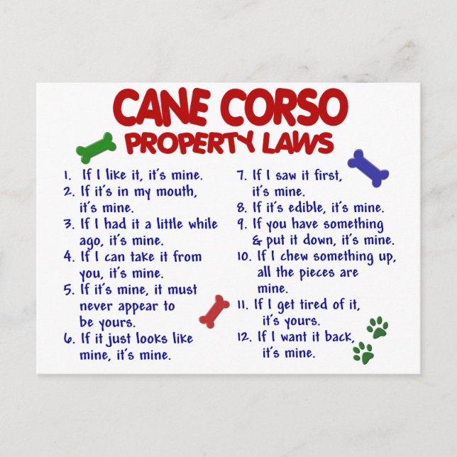 Cartão Postal Leis de Propriedades CANE CORSO 2 (Frente)