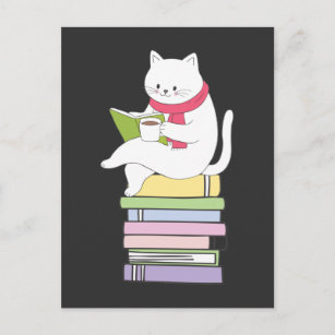 Cartão Postal Leitor de Livros Kawaii Cat Lover Tea Drinker