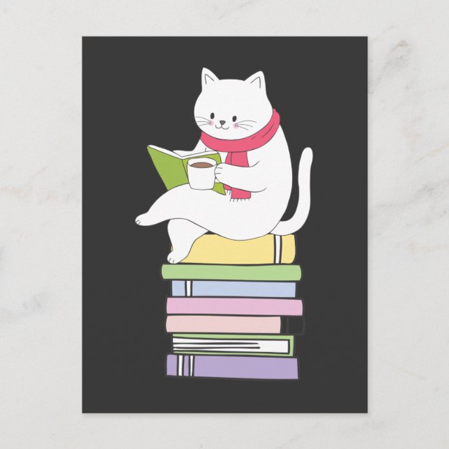 Cartão Postal Leitor de Livros Kawaii Cat Lover Tea Drinker (Frente)
