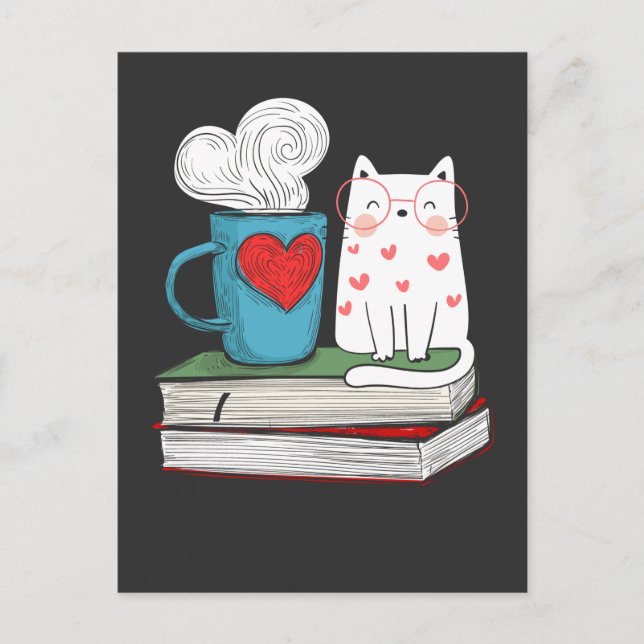 Cartão Postal Leitura de Literatura de Gato e Café (Frente)