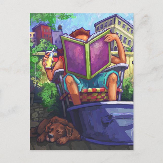 Cartão Postal Leitura em Verão, Rapariga e Cachorro (Frente)
