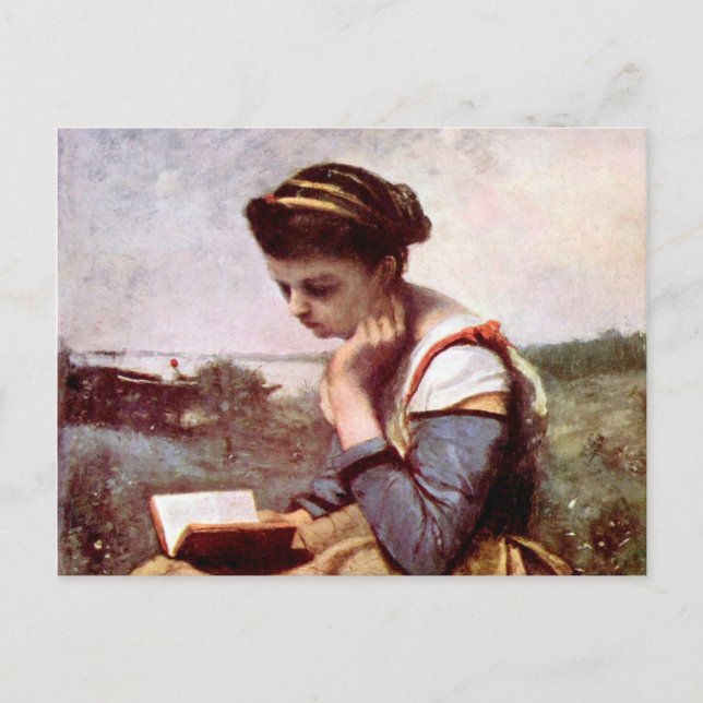 Cartão Postal Leitura feminina de Jean-Baptiste Camille Corot (Frente)