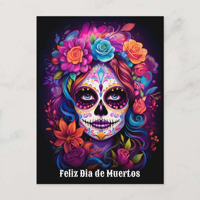 Cartão Postal 🌹 Lembrança Vibrante: Lady Catrina no Bloom 🌹 (Frente)