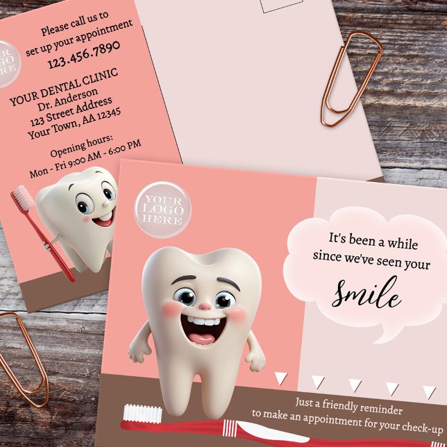 Cartão Postal Lembrete de Compromisso Dental (Dental appointment reminder postcard featuring cute molars with a smile and toothbrush)