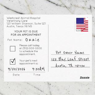 Cartão Postal Lembrete de Nomeação Veterinária