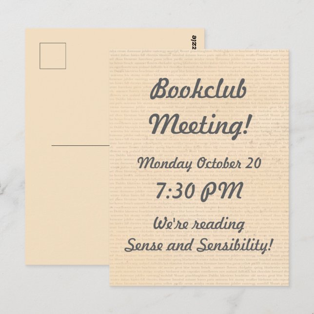 Cartão Postal Lembrete do Bookclub de Vellum (Frente/Verso)