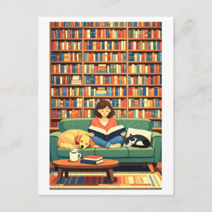 Cartão Postal Lendo com Ilustração de Gato e Cachorro