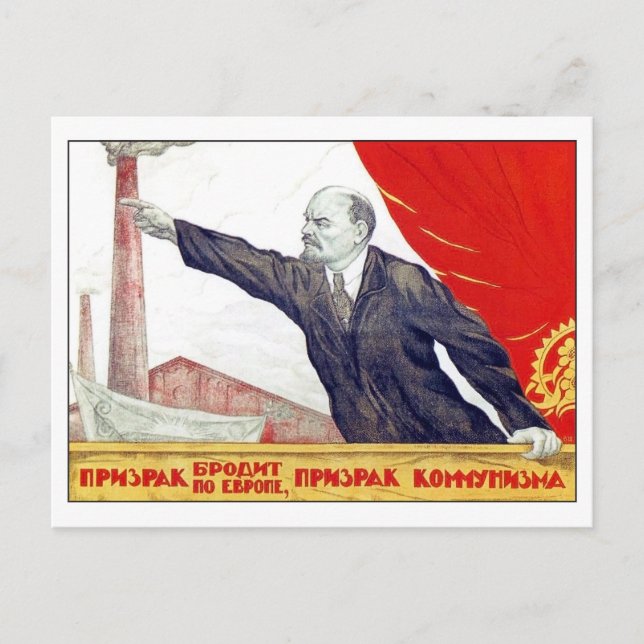 Cartão Postal Lenin aponta para a fábrica, propaganda soviética (Frente)