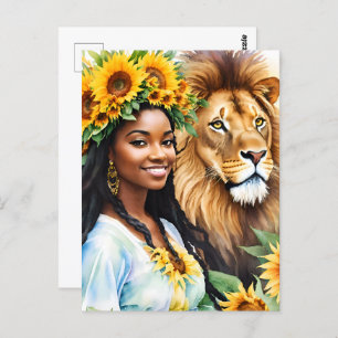 Cartão Postal Leo Black Woman com girassóis e leão