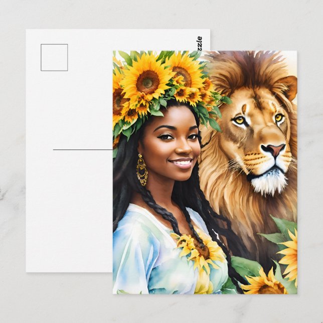 Cartão Postal Leo Black Woman com girassóis e leão (Frente/Verso)