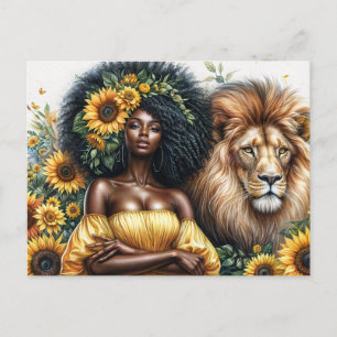 Cartão Postal Leo Black Woman Com O Tema Lion Sunflower