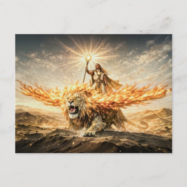 Cartão Postal Leo Zodiac with Warrior Riding a Fiery Winged Lion (Frente)
