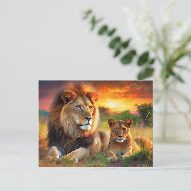 Cartão Postal Leoa com filhote (Em pé/Frente)