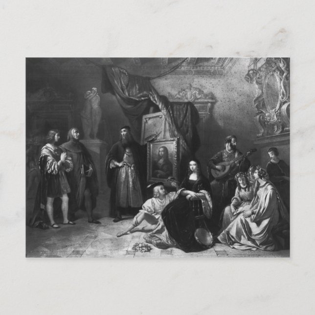 Cartão Postal Leonardo da Vinci pintando o Gioconda (Frente)